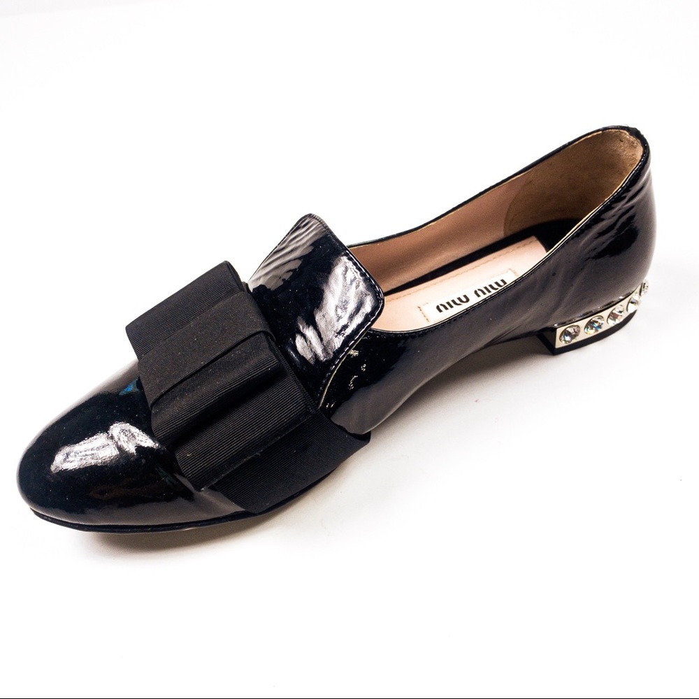Miu Miu Loafers Jeweled Patent Leather Flats Black - Picture 2 of 7
